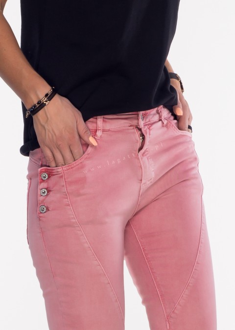 Włoskie jeansy GUZIKI PUSH UP przeszycia malinowy