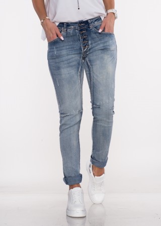 Włoskie jeansy PRZESZYCIA GUZIKI ciemny jeans
