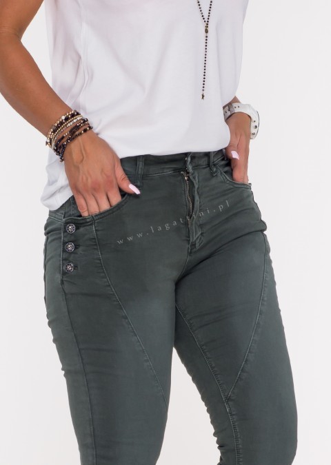 Włoskie jeansy GUZIKI PUSH UP przeszycia khaki /M6