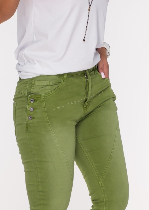 Włoskie jeansy GUZIKI PUSH UP przeszycia zielony /M5