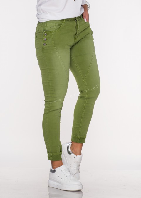 Włoskie jeansy GUZIKI PUSH UP przeszycia zielony /M5