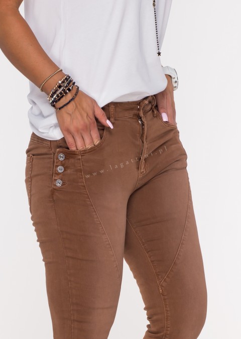 Włoskie jeansy GUZIKI PUSH UP przeszycia brązowy /M2