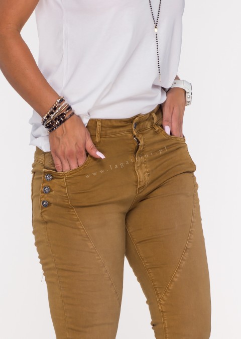 Włoskie jeansy GUZIKI PUSH UP przeszycia camel /M1