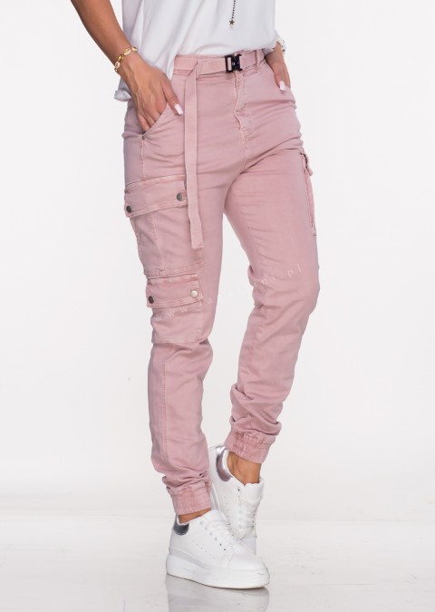 Włoskie jeansy Silver Buttons + pasek różowe
