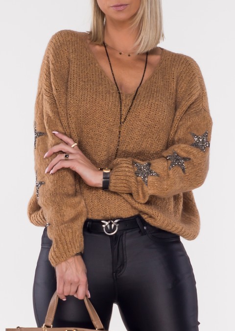Włoski sweterek MONNAC miękka dzianina lama moher brązowy