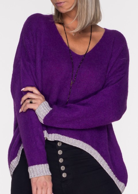 Włoski asymetryczny sweterek ZIMELLO miękka dzianina fioletowy