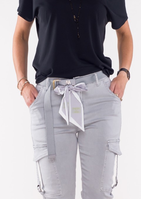 Włoskie spodnie CARMONETTI + pasek M i ściągana chusta jasny szary