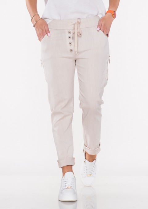 Włoskie spodnie BOYFRIEND CALVELLO silver zip beżowe /21180