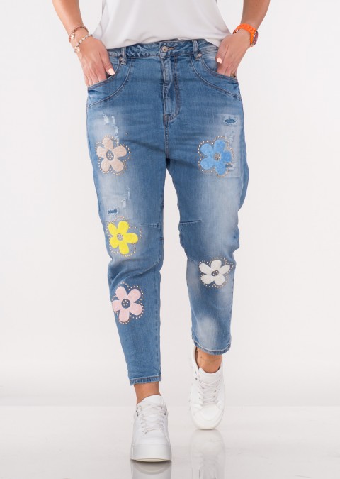 Włoskie jeansy FLOWERS przecierany jeans /H8236