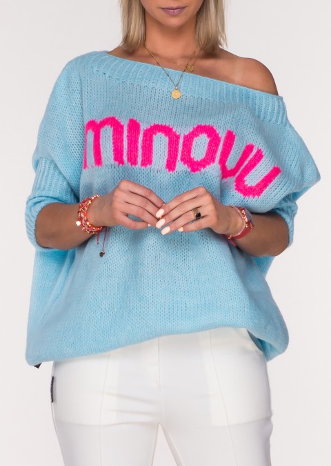 Sweterek MINOUU BEAUTIFUL niebieski / fuksja napis
