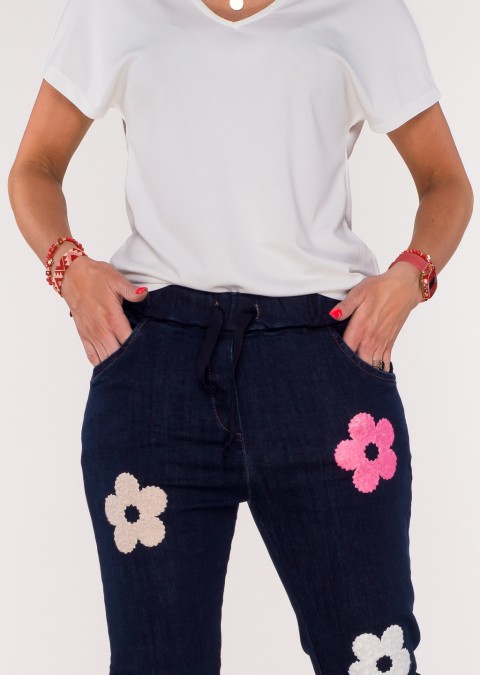 Włoskie jeansy BOYFRIEND FLOWERS ciemny jeans