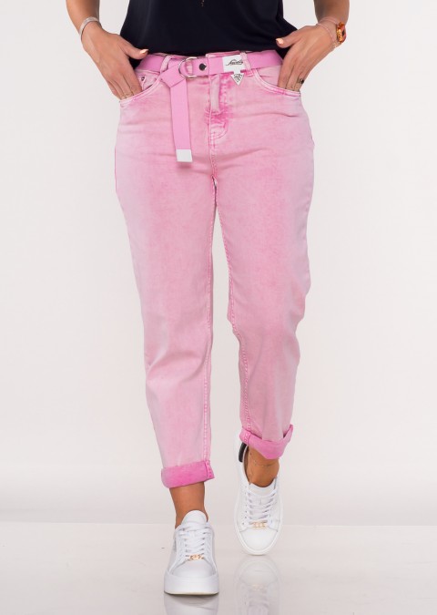 Włoskie jeansy CASTELLANI MOM FIT różowe + pasek /26132-20