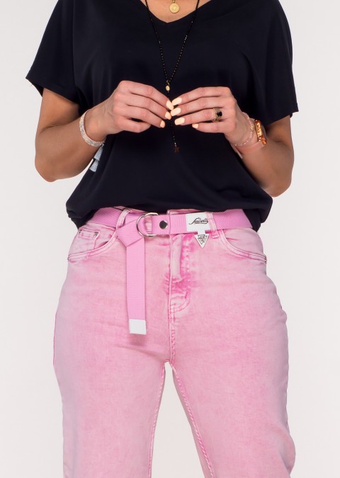 Włoskie jeansy CASTELLANI MOM FIT różowe + pasek /26132-20
